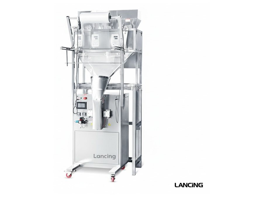 Granule and powder pouch filling machine with vertical bag forming section