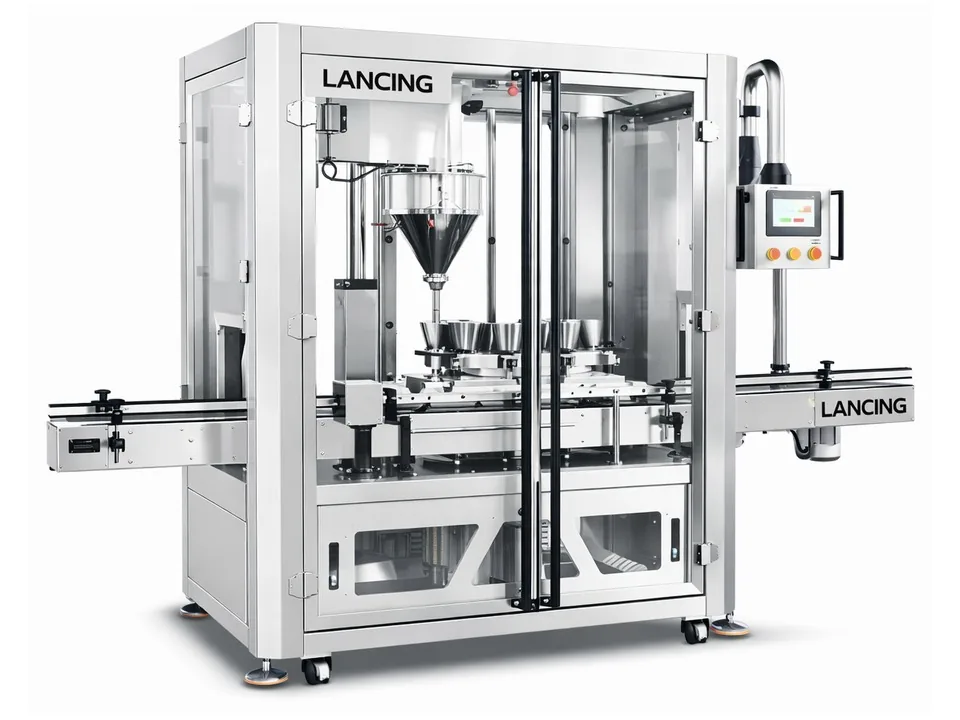 Automatic enclosed auger filling machine with conveyor and indexed container handling