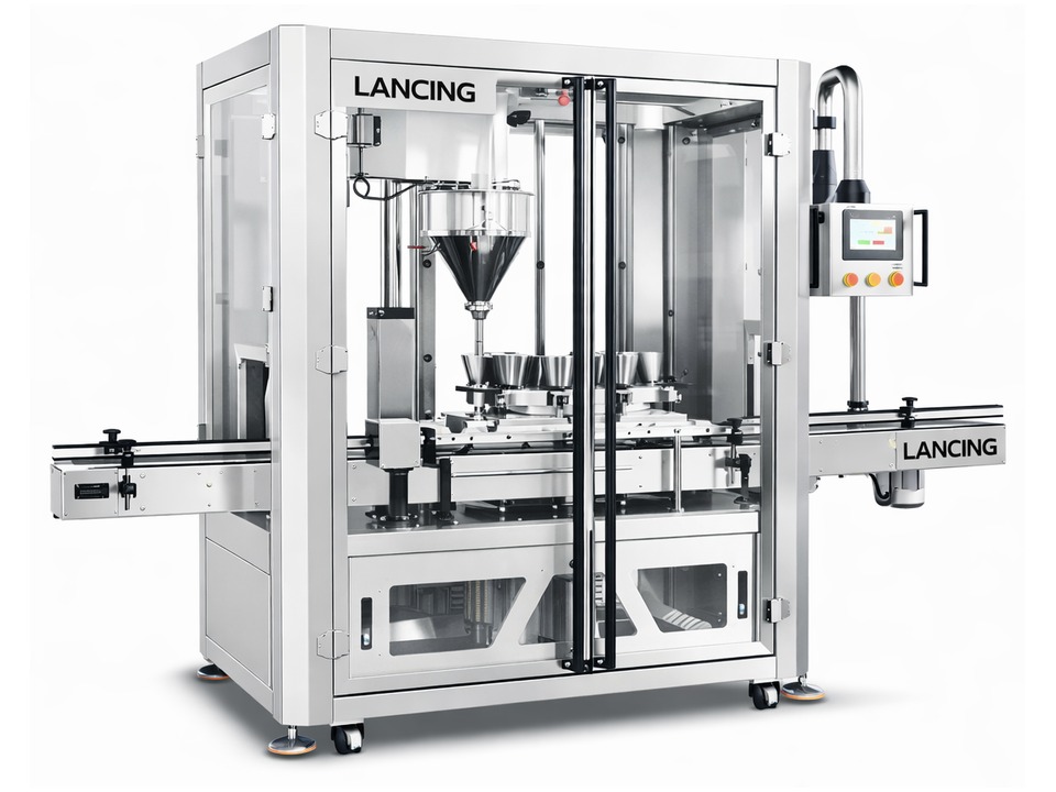 Automatic enclosed auger filling machine with conveyor and rotary indexing table