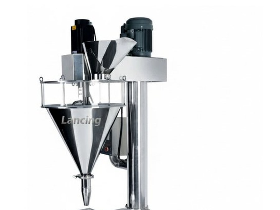 Close-up semi-automatic auger filler hopper and dosing head