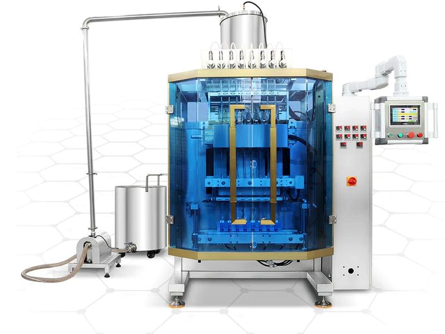 Guarded flexible-pack filling machine detail for VFFS bagging route