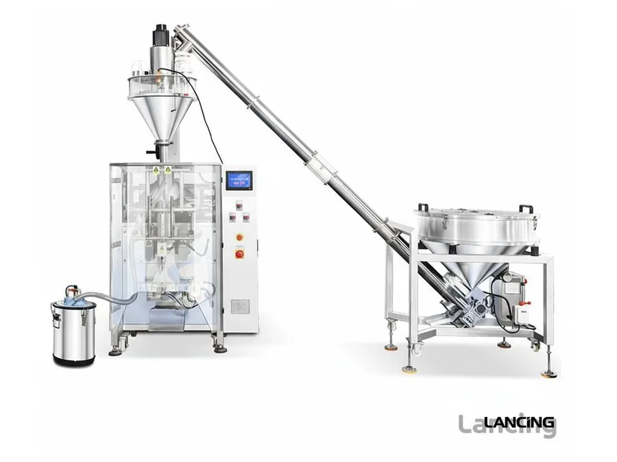Vertical form-fill-seal auger powder filling machine with screw feeder and bagging section